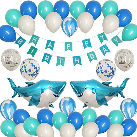 JAYKIDS Shark Balloons Ocean Theme Party Supplies - Sea Animals Tattoo Sticker, Big Shark Foil Balloons, Happy Birthday Banner, Ocean Color Confetti Marble and Latex Balloons, Baby Shower Birthday Party Decorations Set for Kids 1st 2nd 3rd 4-8 Years Old