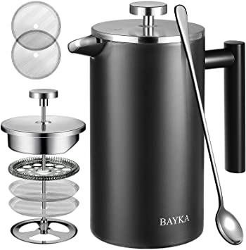 BAYKA 34 Oz French Press Coffee Maker, 304 Grade Stainless Steel, Double Wall Insulated Coffee Press for Home Office, 4-Level Filtration Systems, 2 Extra Mesh Filters Included, Dishwasher Saf, Black
