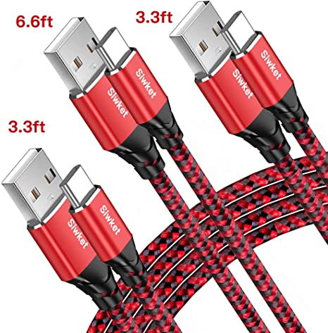 USB Type C Cable 3A Fast Charging Cord,(3Pack 2x3.3ft 6.6ft)USB A to USB C Fast Charger Cable Nylon Braided Data Sync for Samsung Galaxy S10 S10e S9 S9  S8 Plus A50, Note 9 8,LG G5 G6,Moto G6 Plus/ G7,Sony Xperia, Google Pixel 2/2XL, Switch,HTC (Black Red)
