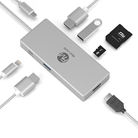 MacBook Type-C Hub Adapter By Flash-Mobi - 3 USB 3.0 Ports, Type C Adapter For All Kinds Of USB C Devices, 4k HDMI Output, Pass-Through Charging, SD/Micro Card Reader - Sturdy Aluminum Body