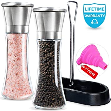 Salt and Pepper mills, Amison Stainless Steel Salt and Pepper Grinder Mill Set - 5 Grade Precision Adjustable Ceramic Rotor with Free Funnel (With Stand)