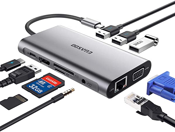USB C Hub, USB C Adapter, EUASOO 10 in 1 Thunderbolt 3 hub 1000M RJ45 Ethernet, 4K HDMI, VGA, USB 3.0 Ports, PD 2.0 Charging Port, Card Reader, Audio Mic Port MacBook, Chromebook More