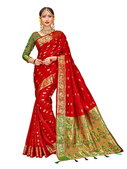 ELINA FASHION Sarees for Women Patola Art Silk Woven Work Saree l Indian Bollywood Wedding Ethnic Sari with Blouse Piece