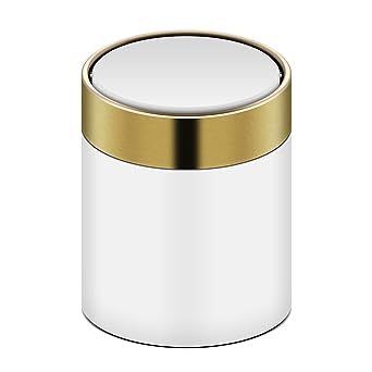 1.5 Liter Mini Trash Can with Lid, Metal Small Tiny Trash Can, Countertop Trash Can for Desk Office Coffee Table, Swing Top Trash Bin, White
