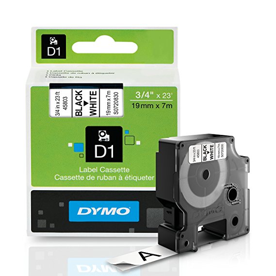 DYMO Standard D1 Labeling Tape for LabelManager Label Makers, Black print on White tape, 3/4'' W x 23' L, 1 cartridge (45803)