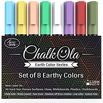 Chalk Pens - Pack of 8 Earth colour markers - Use on Whiteboard, Chalkboard, Window, Blackboard, Bistros Glass - 6 mm Bullet Tip