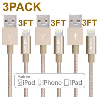 iPhone Charger GOOLEEN 3pack 3FT Nylon Braided 8pin Lightning to USB Sync and Charging Cable Cord for iPhone SE 6s plus 6s 6 plus 6 5s 5c 5 iPad Pro Air iPad mini iPod nano touch - Gold