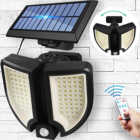 Adjustable Solar Lights Outdoor, Remote Control 90 LED Ultra Bright Human Body Induction Sensor Security Lights, 6000-6500K 300LM IP65 Waterproof Wall Lights for Door, Yard, Garage, Pathway