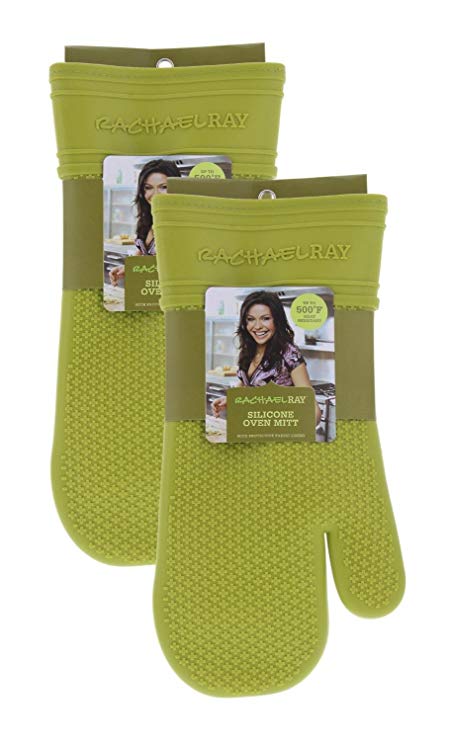 Rachael Ray Gourmet Silicone Kitchen Oven Mitt/Glove with Quilted Cotton Liner Insulated Pocket, Heat Resistant up to 500 Degrees, Made with Non-Slip, Textured Design, 14” long, Lime Green 2pk