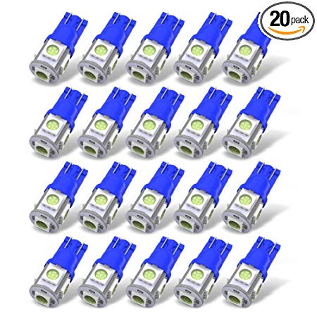 YITAMOTOR 20 X T10 Wedge 5-SMD 5050 Ice Blue LED Light Bulbs W5W 2825 158 192 168 194 Reading Dome Map Cargo Trunk Door Doorstep Courtesy License Plate Side Marker Light