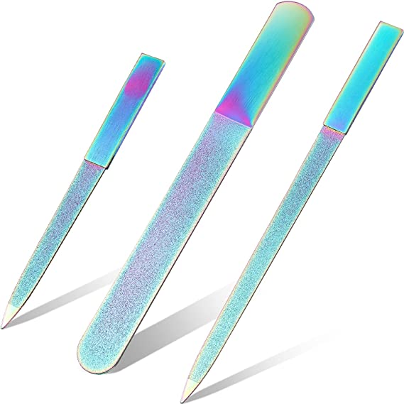 3 Pieces Diamond Nail File Set Stainless Steel Double Side Nail File Metal Sapphire Buffer File Manicure Files Natural Nail Emery Boards for Salon Home and Travel Women Men (Rainbow Color)