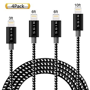 iPhone Cable SGIN,4Pack 3FT 6FT 6FT 10FT Nylon Braided Cord Lightning Cable Certified to USB Charging Charger for iPhone 7,7 Plus,6S,6 Plus,SE,5S,5,iPad,iPod Nano 7 - Black White