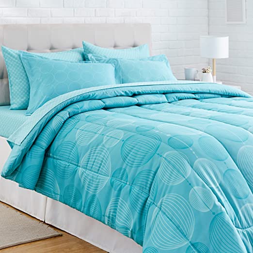 AmazonBasics 7-Piece Bed-In-A-Bag Comforter Bedding Set - Full or Queen, Industrial Teal, Microfiber, Ultra-Soft