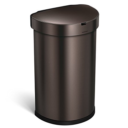 simplehuman Semi-Round Sensor Can with Liner Pocket, Hands-free Automatic Trash Can, Dark Bronze Stainless Steel, 45 L / 11.8 Gal