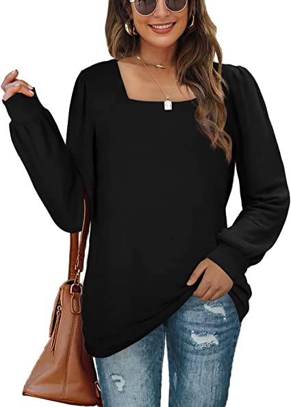 Aokosor Jumpers for Women Long Sleeve Tops Ladies Square Neck Loose Puff Sleeves Sweatshirt