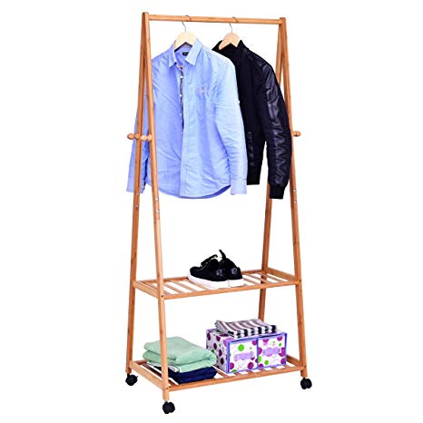 TANGKULA Garment Rack Bamboo Coat Organizer with Clothes Hanger and Storage Shelves (28''W)