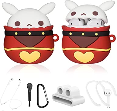 Alquar Genshin Impact Case for Airpods 2&1, 6in1 Silicone Airpods Accessories Cover, Cute Knights of Favonius Klee Cartoon Skin for Girls with Watch Holder/Ear Hooks/Keychain/Brush/Strap(Jumpy Dumpty)