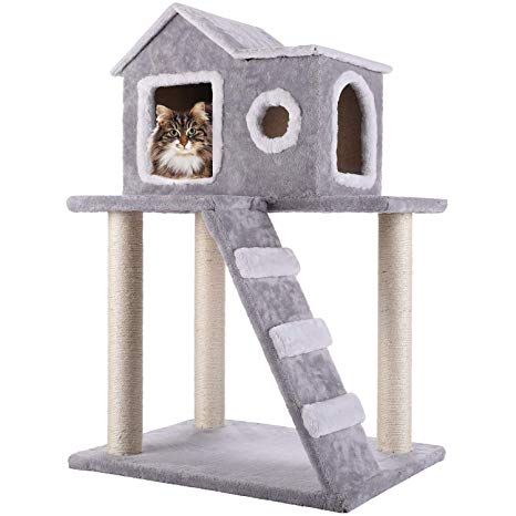 CO-Z Cat Tree Condo Furniture for 2 Kitties, Super Stable Cat Tower House, Combined with Cat Bed, Cat Climber, Peek Holes, Scratching Post (Large Cat House) (Grey, Cat House for 2 Kittens)