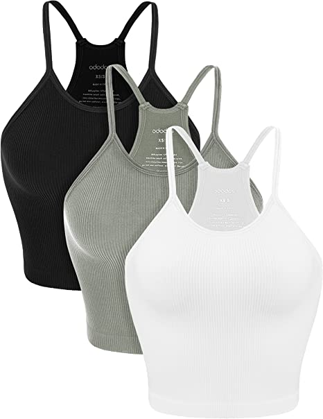 ODODOS Women's Crop 3-Pack Washed Seamless Rib-Knit Camisole Crop Tank Top