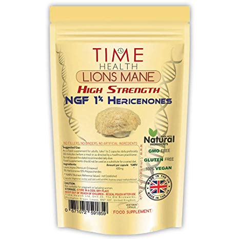 Lion’s Mane (Hericium erinaceus) NGF 1% Hericenones – High Strength – Vegan – Zero Additives – UK Manufactured (120 Capsule Pouch)