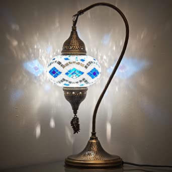 Turkish Moroccan Tiffany Style Handmade Colorful Mosaic Table Desk Bedside Night Swan Neck Lamp Light Lampshade, Blue White, 19"