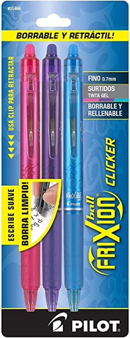 PILOT FriXion Clicker Erasable, Refillable & Retractable Gel Ink Pens, Fine Point, Pink/Purple/Turquoise Inks, 3-Pack (31469) - New Version 2021