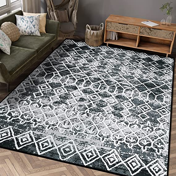 Leesentec Rugs Modern Non-Slip Soft Area Rugs for Living Room/Bedroom/Dining Room, Carpet Floor Mat Home Decorative (Black/Grey, 5'3"×6'6"（160×200cm）)