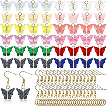 200 Pieces Butterfly Charms Set, Including 50 Pieces 12 Colors Acrylic Butterfly Charm Pendants, 50 Pieces Earring Hooks, 100 Pieces Open Jump Rings for DIY Jewelry Crafts Handmade Supplies
