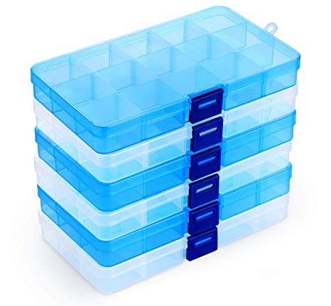 Plastic Organizer Bead Storage Box with Compartments Containers with Movable Dividers for Small Earring Jewelry Craft Sewing Supplies, 15 Grid, 6 Pack