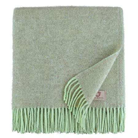 Linen & Cotton Soft Thick Wool Throw/Blanket Columbus - 100% Pure New Zealand Wool, Green/Beige (140 x 200cm) Travel/Warm Plaid for Sofa Bed Couch Settee Bedspread Single Double Lambswool