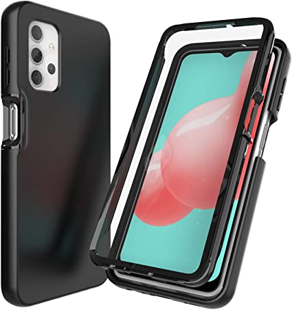 Nuomaofly for Samsung Galaxy A32 5G Case with Built-in Screen Protector Designed, Full-Body Protection Shock Absorption PC Front Cover   Soft Liquid Silicone for Galaxy A32 5G - Black