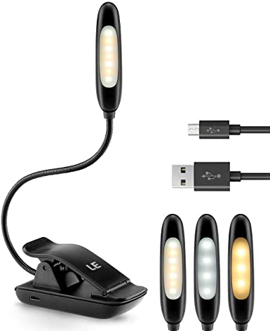 LE Rechargeable Book Light, 7 LED, 3 Colours, Portable Clip on Reading Light, Daylight and Warm White Eye Caring Desk Lamp for Bed, Laptop, Music Stand and More, USB Cable Included