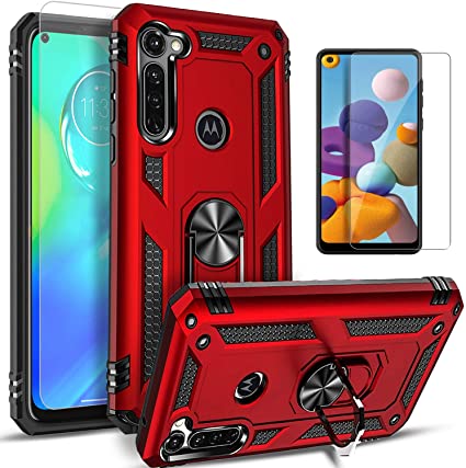 Motorola Moto G Stylus Case, with [Tempered Glass Protector Included] Metal Ring Stand Drop Protection Shockproof Phone Cover-Red