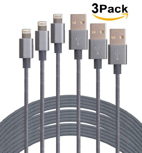 SEGMOI(TM) 3Pack 3M 10Ft Durable Nylon Braided Lightning 8Pin to USB Data Sync Charging Cable Charger Cord With Aluminum Heads for iPhone 6/6s/6 Plus/5/5c/5s iPad 4 Mini Air (Grey)