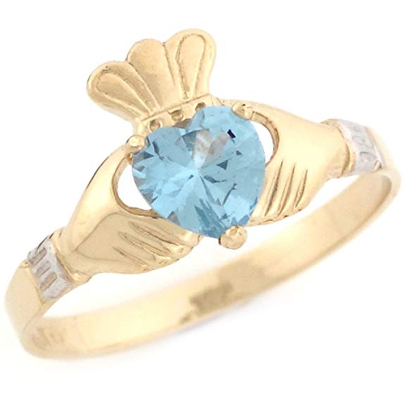 14k Two Toned Gold Claddagh Simulated Birthstone Ring