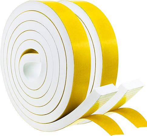 Self-Adhesive Foam Tape, Foam Insulation Tape White 20mm(W) x 10mm(T), Foam Weather Stripping Tape for Door Window Draught Excluder, Anti-Collision, Soundproofing, Gap Sealing(2m Long x 2 Rolls)