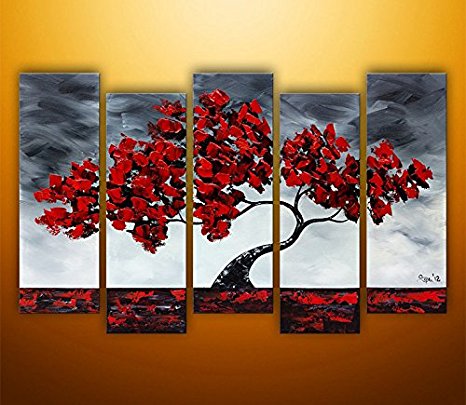 Ode-Rin Art - 100% Hand Painted Large Lush Maple 5 Pieces Wall Art Realism Red Tree Framed Oil Painting for Living Room Home Decor, Ready to Hang - (12"x28" x 5 Panels)