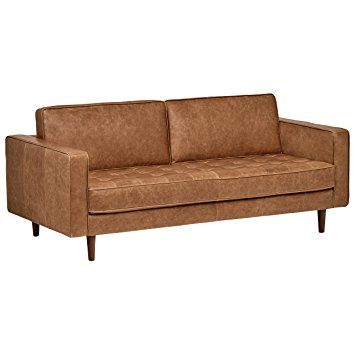 Rivet Aiden Tufted Mid-Century Leather Bench Seat Sofa, Without Side Pillows, 74"W, Cognac