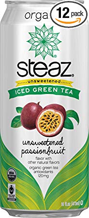 Steaz Organic Iced Green Tea, Unsweetened Passionfruit, 16 Ounce (Pack of 12)