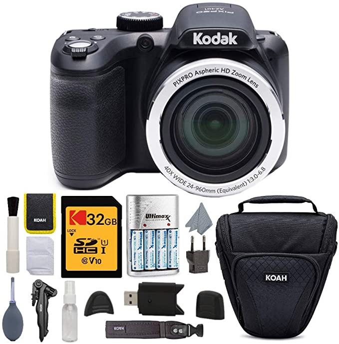 Kodak PIXPRO AZ401 Astro Zoom Digital Camera (Black) with 32GB Memory Card, Rapid Charger with 4 AA Batteries, and Koah Holster Case with Accessory Bundle (5 Items)