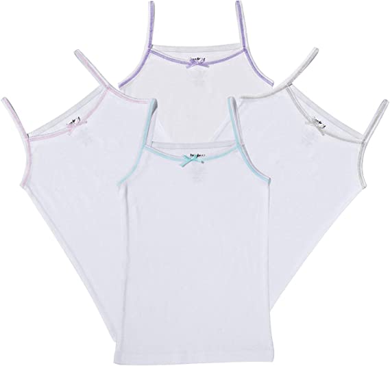 Buyless Fashion Girls Tagless Cami Scoop Neck Undershirts Cotton Tank with Trim and Strap (4 Pack)