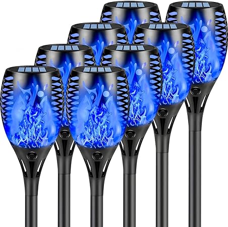 Upgraded 8 Pack Super Larger Size Solar Flame Torch Extra Solar Christmas Lights Outdoor Decorative with Flickering Flame, Solar Outdoor Lights for Xmas Decoration Pathway Auto On and Off (Blue)