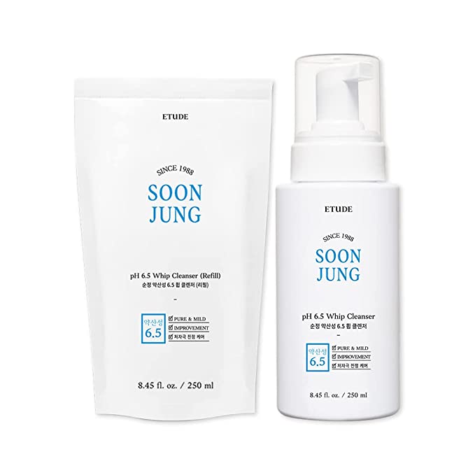 ETUDE SET of SoonJung pH 6.5 Whip Cleansers Refill (250ml refill250ml) | Non Comedogenic & Hypoallergenic Soft Bubble Hydrating Facial Cleanser for Sensitive Skin | Fragrance-Free Low-pH Korean Face Wash | K-Beauty