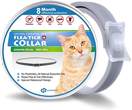 SCIROKKO Cat Flea and Tick Collar - 8 Months Effective Protection - Adjustable Natural Oil Pet Flea Collar for Kitten Cats Puppy 33cm