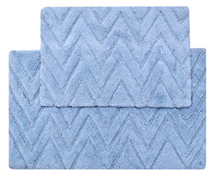 Value Homezz ( 2 Piece Bathmat Set ) Chevron 100% Cotton Tufted Accent Bath Rugs Size 21 x 34 / 17 x 24 Non Skid High Absorbency & Durable Machine washable Bath Mat (Fresca Blue)