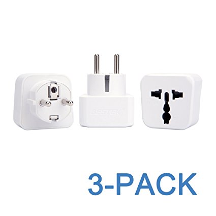 European AC Adapter Kit, BESTEK Grounded Travel Power Wall Plug US to Germany, France, Russia, Italy, etc, Universal US UK EU AU ASIA Converter - Type E & Type F (Schuko) - 3 PACK