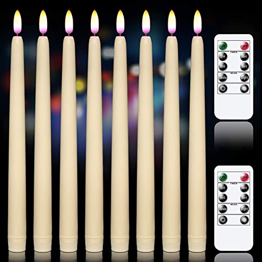 GenSwin Flameless Flickering Taper Candles with 2 Remote Controls and Timer, Real Wax Battery Operated LED Light Window Candles Pack of 8, Christmas Home Wedding Decor(Ivory, 0.78 X 11 Inch)