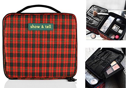 Makeup Bag - Travel Cosmetics Organizer - Train Case - With Multiple Compartments - Waterproof - Durable, Cute Stylish & Fun (Red Checkered)