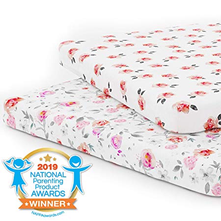 Pack n Play Playard Sheet Set - Portable Mini Crib Mattress Pad Sheets - Convertible Mattress Cover - Stretchy Fitted Jersey Cotton Will Fit Any Playard Size - Soft Baby Safe Fabric for Girls - Petal