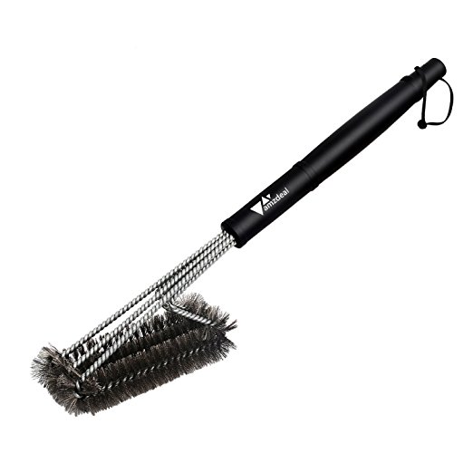 Amzdeal 18'' BBQ Grill Brush, Triple Head Design, Stainless Steel Bristles, Barbecue Cleansing Brush, Black
